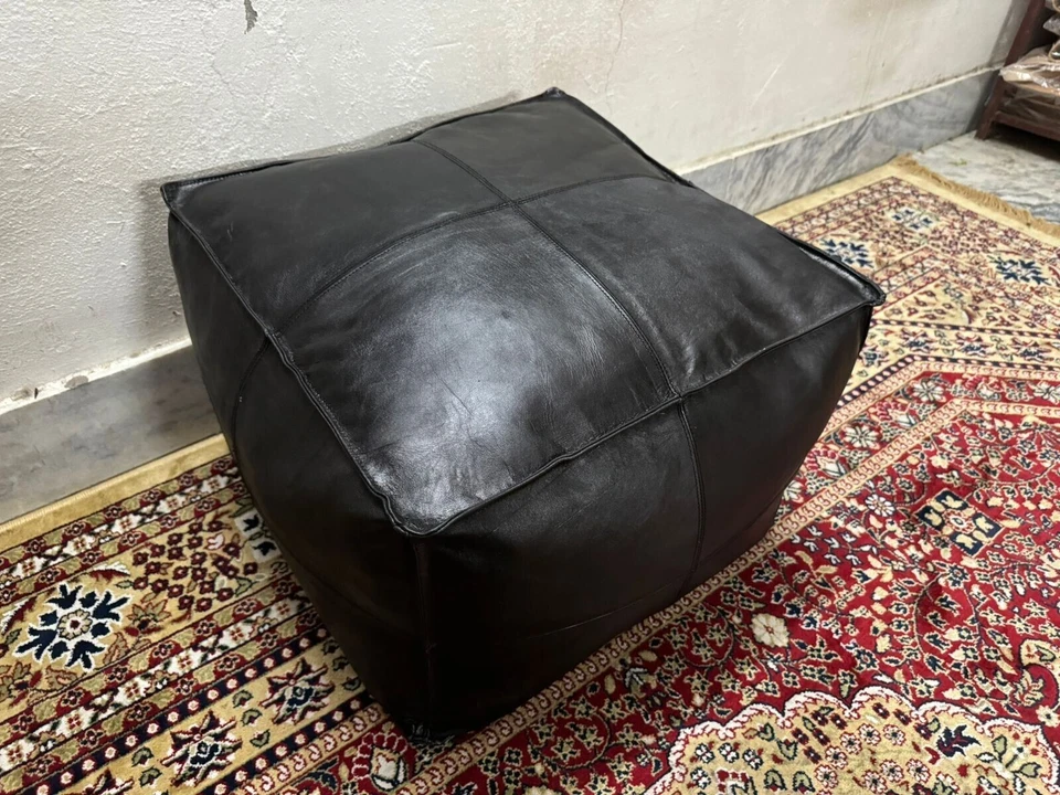 Moroccan Boho Leather Footstool Handmade Genuine Pouffe Classic - Image 2 of 4