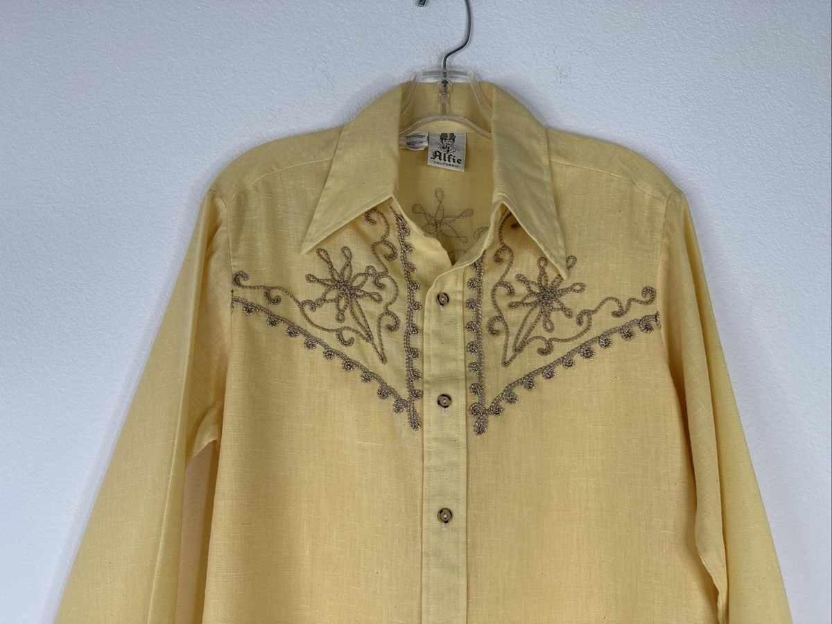 メンズ　70s Alfie CALIFORNIA design shirt VTG Alfie California Shirt Mens M Yellow 70s Embroidered