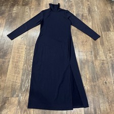 Susana Monaco Navy Blue Vista Turtleneck Long Sleeve Maxi Dress Side Slit L