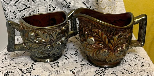 Pretty Purple Northwood Carnival Glass Acorn Burrs Pattern Spooner & Creamer