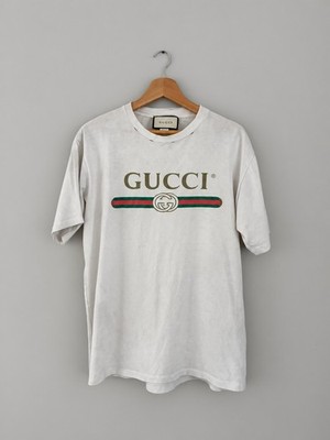 Gucci White Logo Flower Embroidered Distressed Oversized Tee