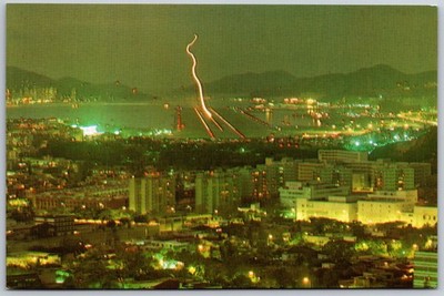 Vintage Hong Kong Night View Postcard Plane Landing at Kai Tak Airport