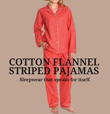 Women’s Red Stripe Pajama Set 2-PC Cotton Flannel Shirt & Pants Cozy Loungewear