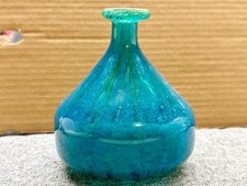 VINTAGE  MDINA ART GLASS VASE HAND BLOWN TEAL AQUA BLUE IRIDESCENT HOME DECOR