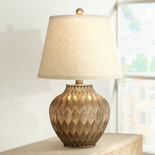 Accent Table Lamp with USB Port Warm Bronze Drum Shade for Living Room Desk
