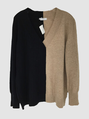 $695 Akris Punto Womens Beige-Black Wool Split Long Sleeve V-Neck Sweater SZ 14