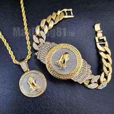 HIP HOP PRAYING HANDS BRACELET GOLD PLATED CUBIC ZIRCONIA  NECKLACE GIFT SET