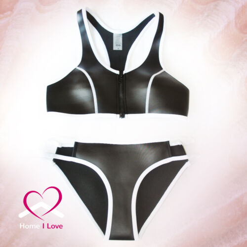 Alta calidad neopreno bikini negro cuero look racerback zip front top AU stock - Imagen 1 de 10
