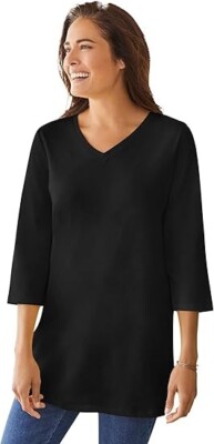 Woman Within Perfect Three-Quarter Sleeve V-Neck Tunic