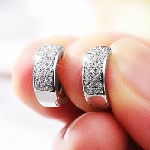 2.10 Ct Round Cut Simulated Diamond Huggie Hoop Earrings 14k White Gold Finish - Picture 1 of 7