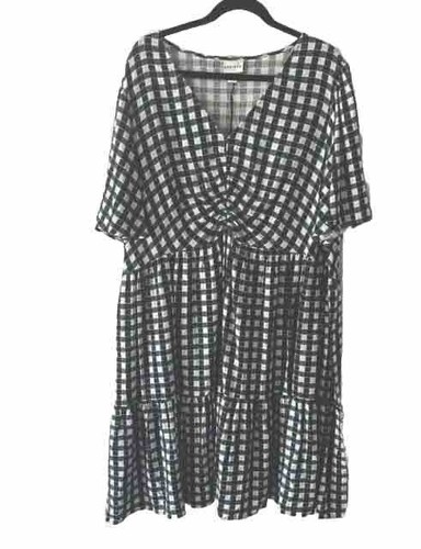 AVA&VIV NWT dress 2X blue&cream Check V neck knee length flutter sleeves
