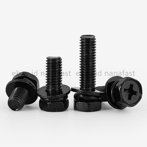 Black 304 Stainless Steel Phillips Hex Bolt With Flat Spring Washers Assemblies - Picture 11 of 12