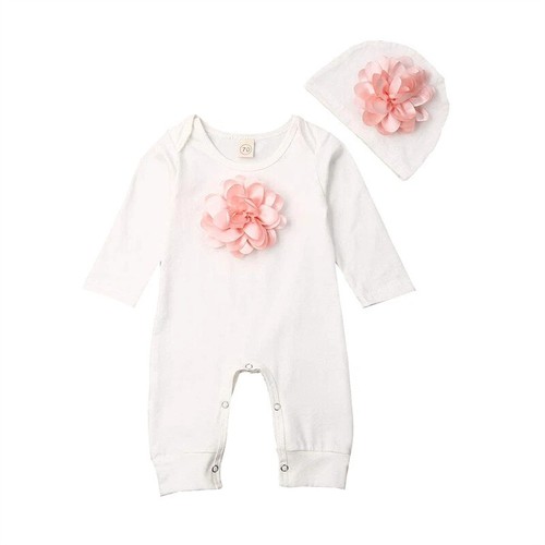 2PCS Newborn Baby Girls Long Sleeve Clothes 3D Flower Romper Jumpsuit with Hat - Picture 6 of 11