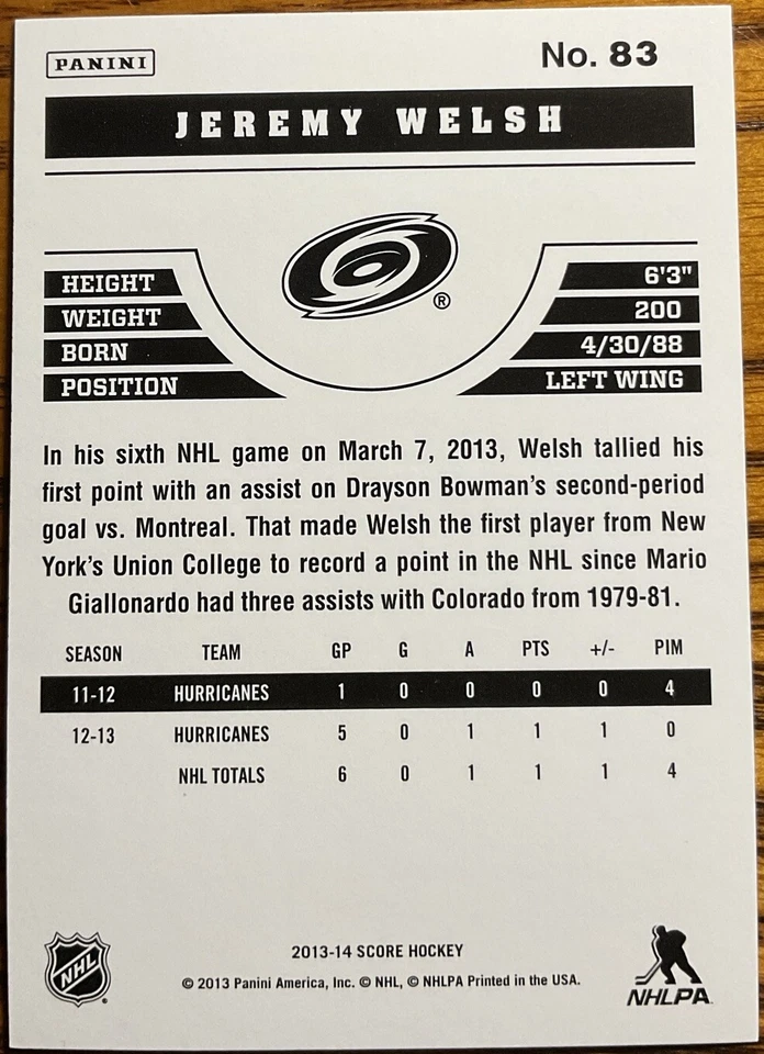 2013-14 Score Gold Jeremy Welsh #83 Carolina Hurricanes - Image 2 of 2