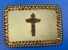 Vintage Rectangular Belt Buckle Featuring Cross With Rhinestone Boarder