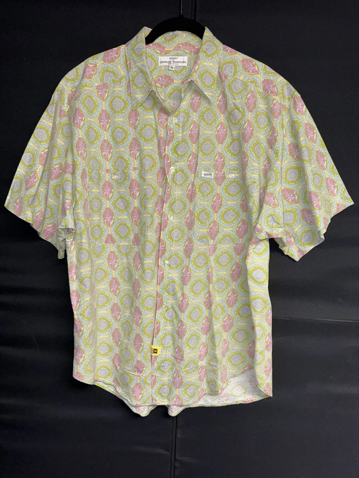 Vtg GUESS Moroccan Print Men’s Shirt Damask 90s Pastel Preppy Pink Washed Look   - Image 2 of 4