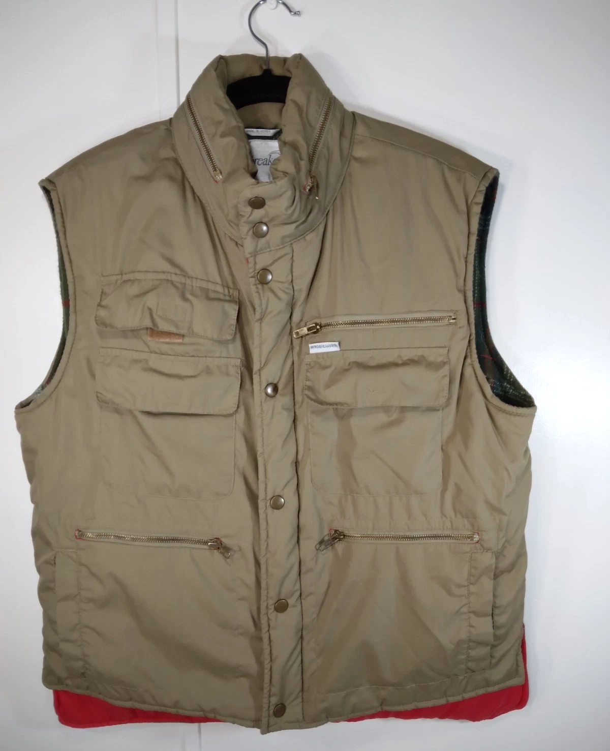 WINDBREAKER Vintage Vest Men Large Fishing Full Zip Pockets Plaid Lined