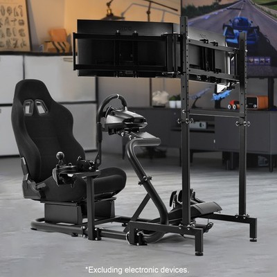 Marada Racing Sim Cockpit Semi Open With Black Seat&Triple TV Stand Fit Logitech