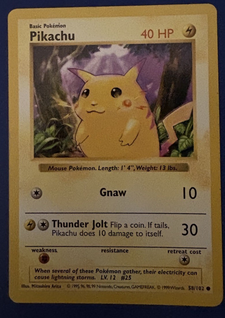 1999 Pokemon Pikachu 58/102 Shadowless Base Set Red Cheeks LP Vintage WOTC