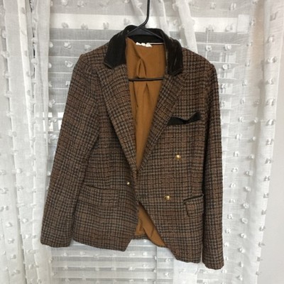 Mystic Women's Brown Plaid Tweed Blazer Jacket M Button Velvet Collar Lined