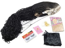 WOMEN 36INCH 1B NATURAL BLACK BOHEMIAN BRAIDED KNOTLESS LACE FRONT WIG SET