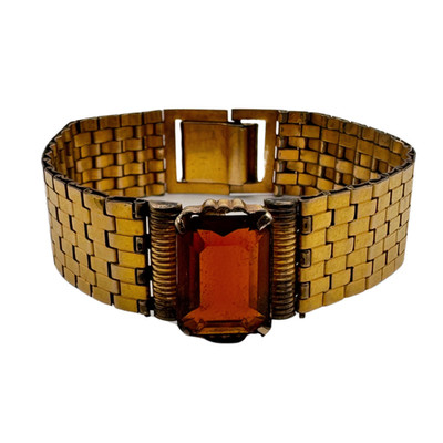 Vintage Tank Tread Bracelet Gold Tone Orange Emerald Cut Watch Band 7''