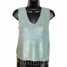 VTG 1960s BLUE SEQUIN FRINGE KNIT TANK TOP BOMBSHELL PINUP ROCKABILLY S M FLAW