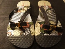 Lindsay Phillips -Floral Design Sandals W/Gold Bow Button Katie #520201, Size 7