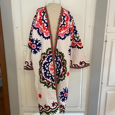 Suzani hand embroidered cotton/canvas white Floral Open Front Boho Coat one size