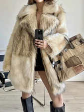 Winter Fox Fur Coat Women's Long Thick Warm Lapel Collar Mid Long Warm Coat Top
