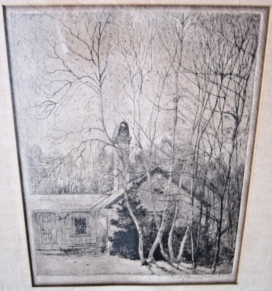 Vtg framed etching, Spring Idyl by Emily Burling Waite, 1939