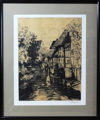 Erich ZIMMERMANN (1908-2007) Steindruck~1990: FACHWERK-STADT MIT BACHLAUF