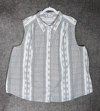 Roamans Sleeveless Top Womens Size 30W White Black Geometric Button Up Blouse