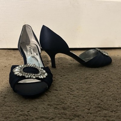 Nina Women s Navy Satin D Orsay Stiletto Heels Rhinestone Slip-On 7.5
