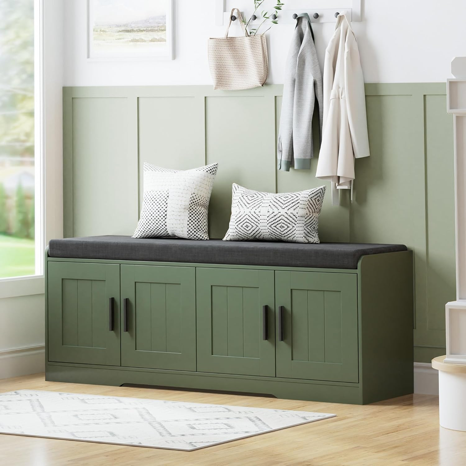 2-Tier Storage Bench, Shoe Bench with Thickened Padded Seat Cushion, Entryway Be