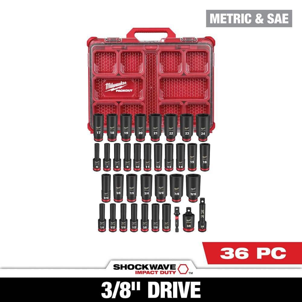 Milwaukee SHOCKWAVE 3/8 in Drive Metric SAE Deep Impact Socket Set 36 Pc