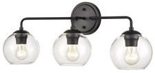 TRENDY 3-LIGHT VANITY WALL FIXTURE MATTE BLACK CLEAR GLASS GLOBES 25.5"W