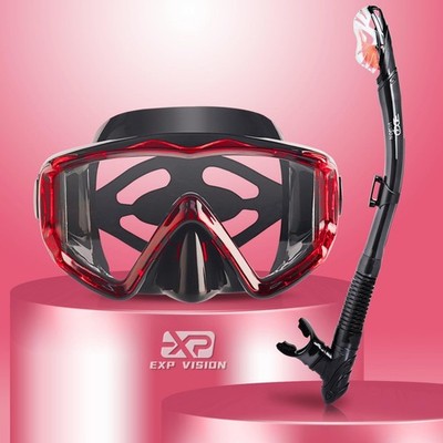 Snorkel Set Pano 3 Window Adult Snorkeling Gear, Professional Red