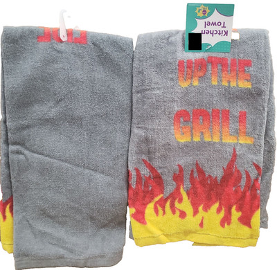 Set of 2 Same Kitchen Terry Towels(15''x25'')BBQ,RED & YELLOW FIRE,UP THE GRILL,MB