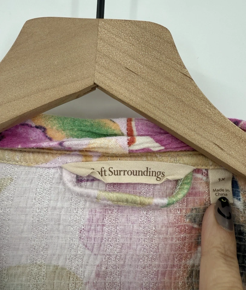 Soft Surroundings Bathrobe Womens 1X Pink Floral Robe Wrap Cotton Sleep Lounge - Image 3 of 4