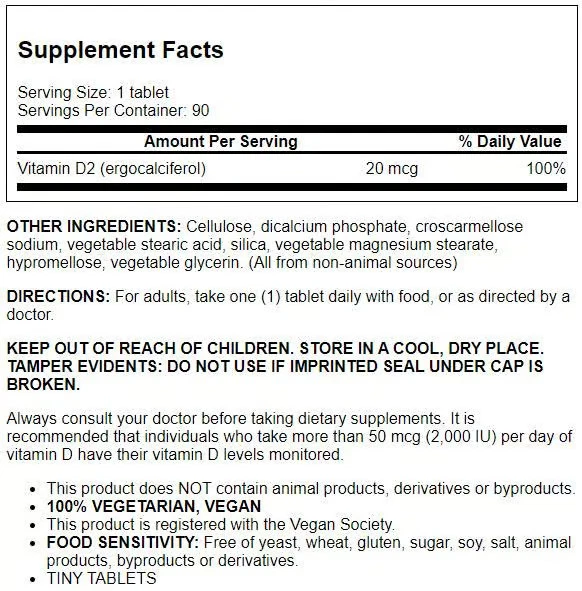 Vitamina D2 vegana Deva 800 UI (20 mcg) 90 comprimidos Foto 2 de 2