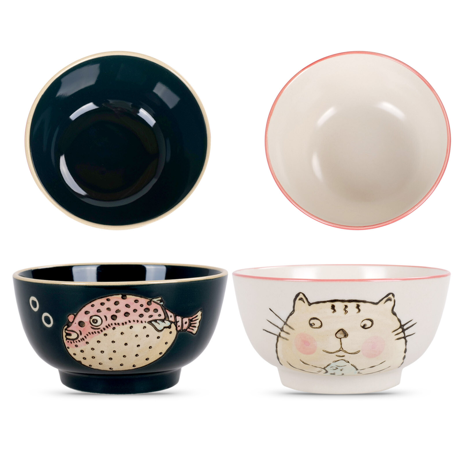 Süßes Japanisches Reisschüssel Set | 2 Stk. | versch. Katzen & Fisch Dekor