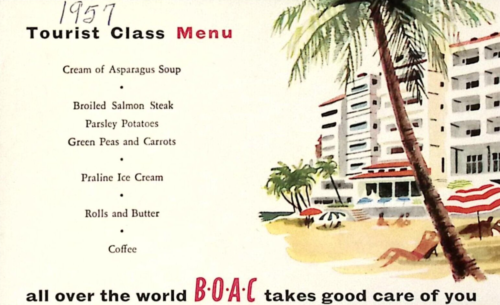 1957 British Overseas Airways Corporation Tourist Class Menu Postcard  Beach - Afbeelding 1 van 3