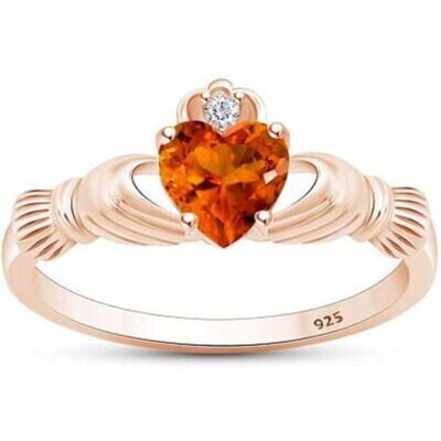Heart Shape Simulated Citrine Claddagh Ring In 14k Rose Gold Plated 925