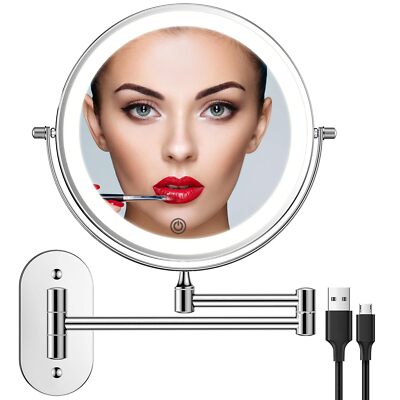 Rechargeable Wall Mounted Lighted Makeup Vanity Mirror 8 Inch Double Sided 1X 10