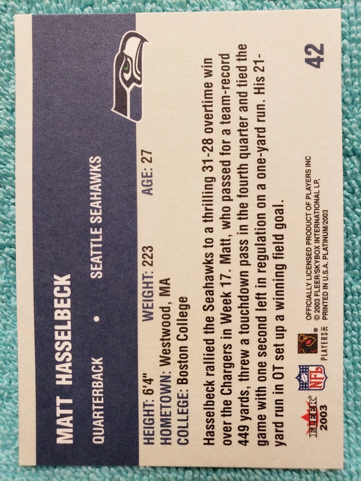2003 FLEER PLATINUM MATT HASSELBECK #42 SEATTLE SEAHAWKS  - Image 3 of 4