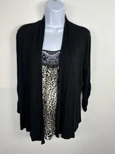 August Silk Petite Top sz PM Black Animal Print Attached Tank Old Money Chic