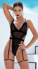 Mapale Black Striped Sheer Mesh V Cut Bodysuit Lingerie 2637