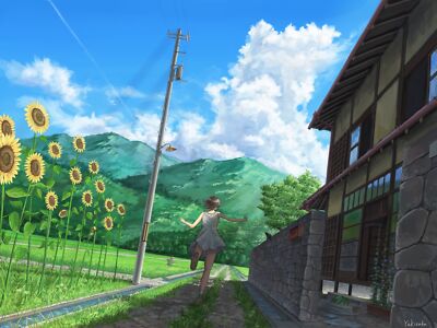 Anime sunflowers landscape sky clouds running short hair Playmat Game Mat Desk