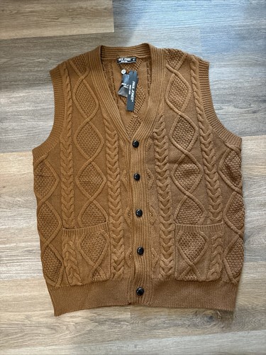 Paul Jones Sweater Vest Mens XL Brown Cable Knit Buttons Academia Grandpacore